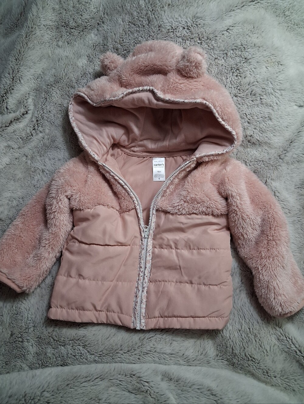 Carter's Blush Pink Teddy Hooded Puffer Jacket with Ear Detail